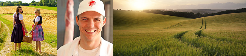 Mädchen mit frischen Lebensmitteiln, Fleischer, Getreidefeld Mädchen mit frischen Lebensmitteiln, Fleischer, Getreidefeld