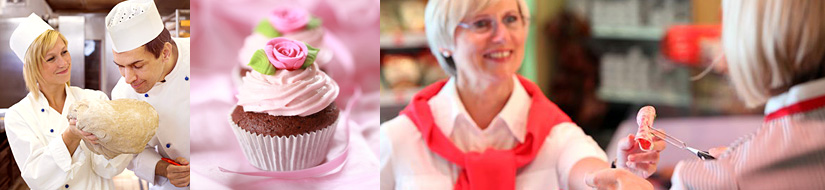 Frischer Brotteig, Cupcake mit Rose, Kundin probiert Wurst Frischer Brotteig, Cupcake mit Rose, Kundin probiert Wurst