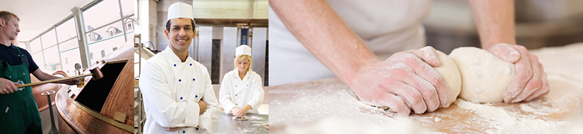 Braumeister beim Brauen, Bäcker mit Lehrling, Bäcker knetet Brotteig Braumeister beim Brauen, Bäcker mit Lehrling, Bäcker knetet Brotteig