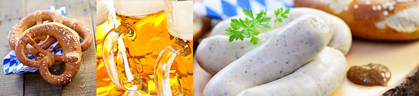 Bayerische Brezn, Bier im Bierkrug, Weißwurst